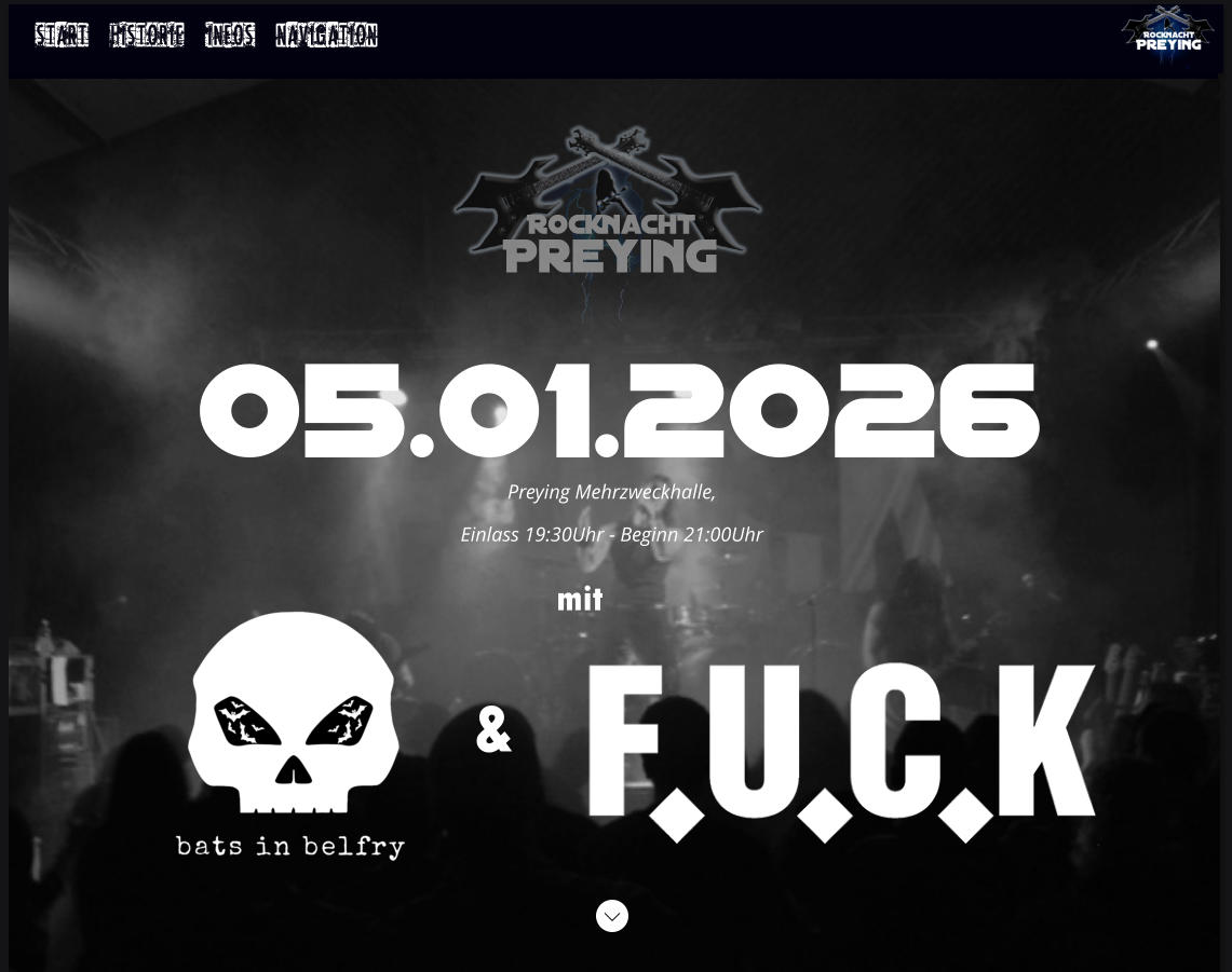 start historie infos navigation Preying Mehrzweckhalle, Einlass 19:30Uhr - Beginn 21:00Uhr  05.01.2026  & mit
